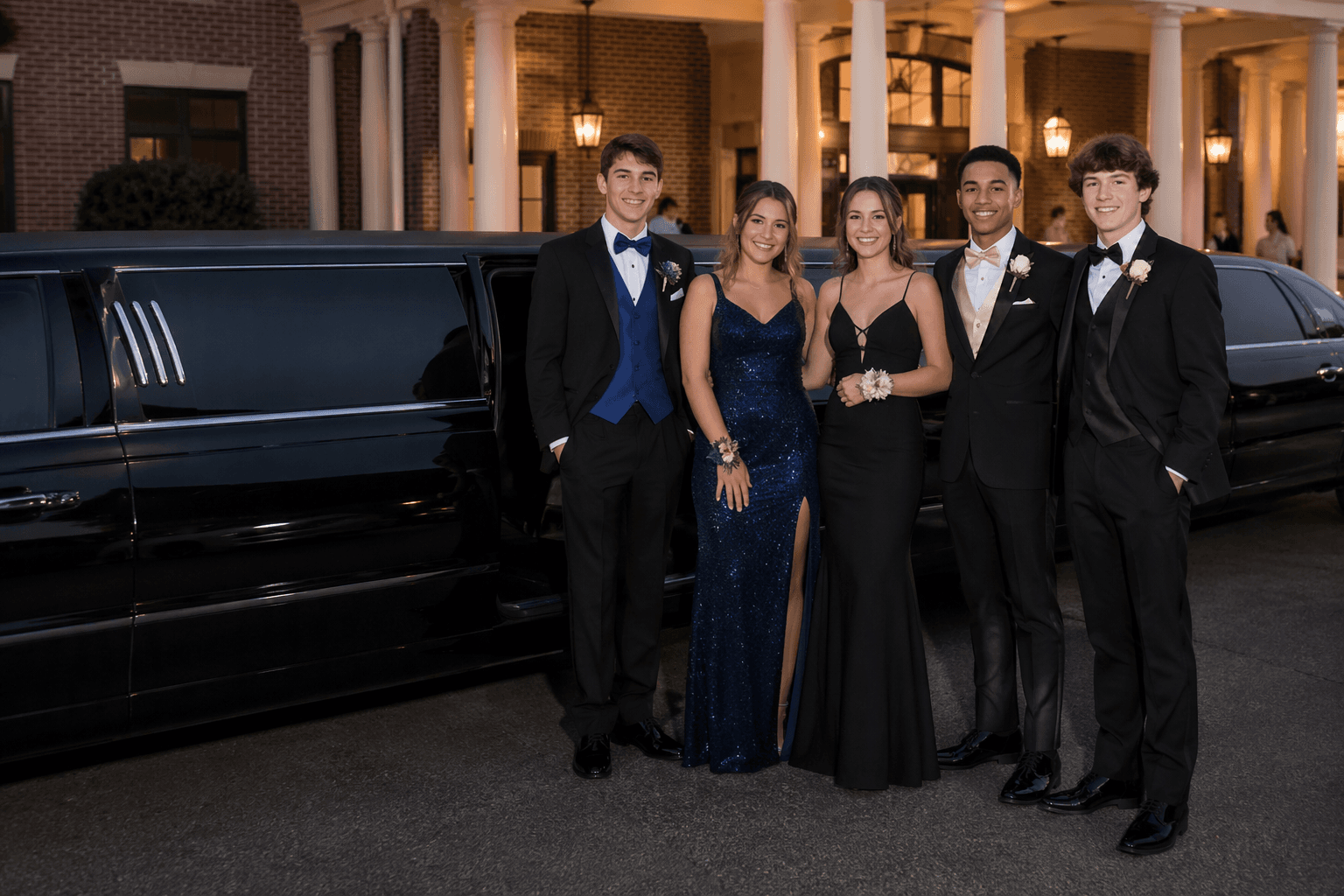 Prom transportation service with a white stretch limousine for Charlotte prom groups
